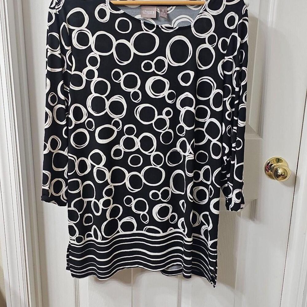 Chico's Black & White Circle Print Tunic Top 3/4 Sleeve Size 3